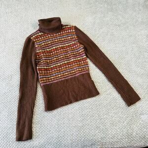 vtg y2k brown energie colorful fair isle turtleneck coquette babydoll sweater L